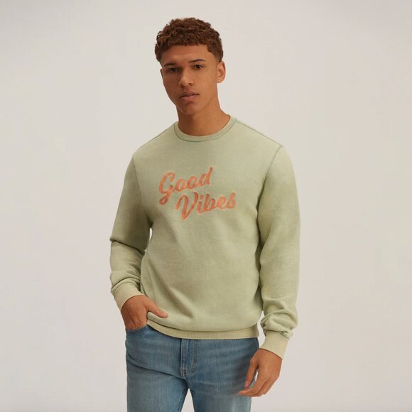 Okaicos Sweatshirt Good Vibes Embroidered Crewneck XS Washed Out Green Resort - Picture 2 of 4